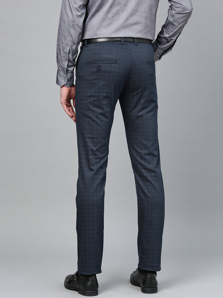 Men Navy Cotton Checked Slim Fit Casual Trouser