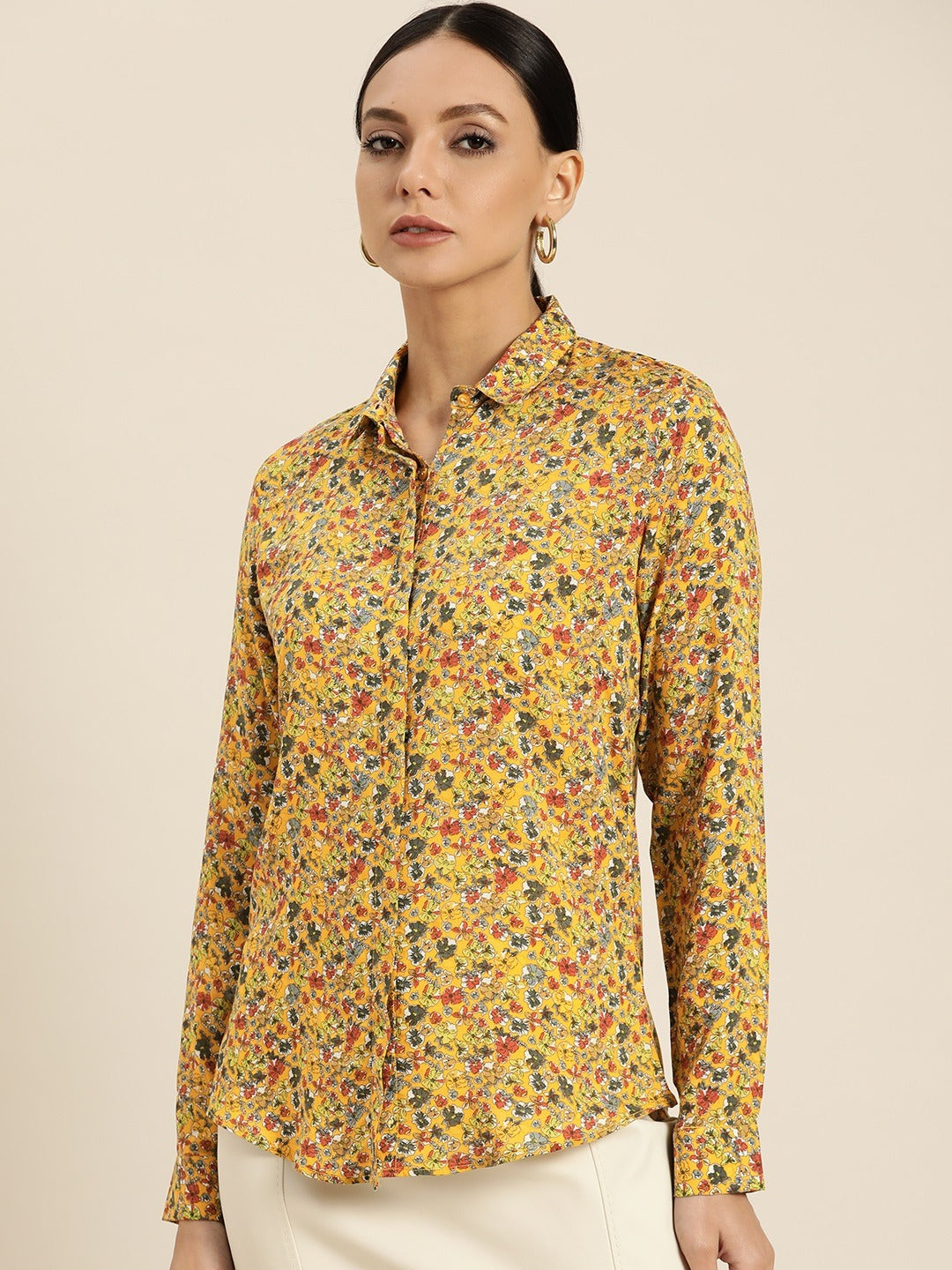 Women Mustard Prints Viscose Rayon Slim Fit Formal Shirt