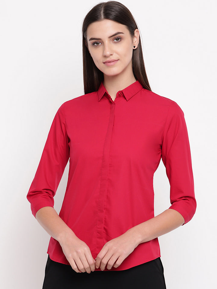 Women Red Pure Cotton Solid Slim Fit Formal Shirt