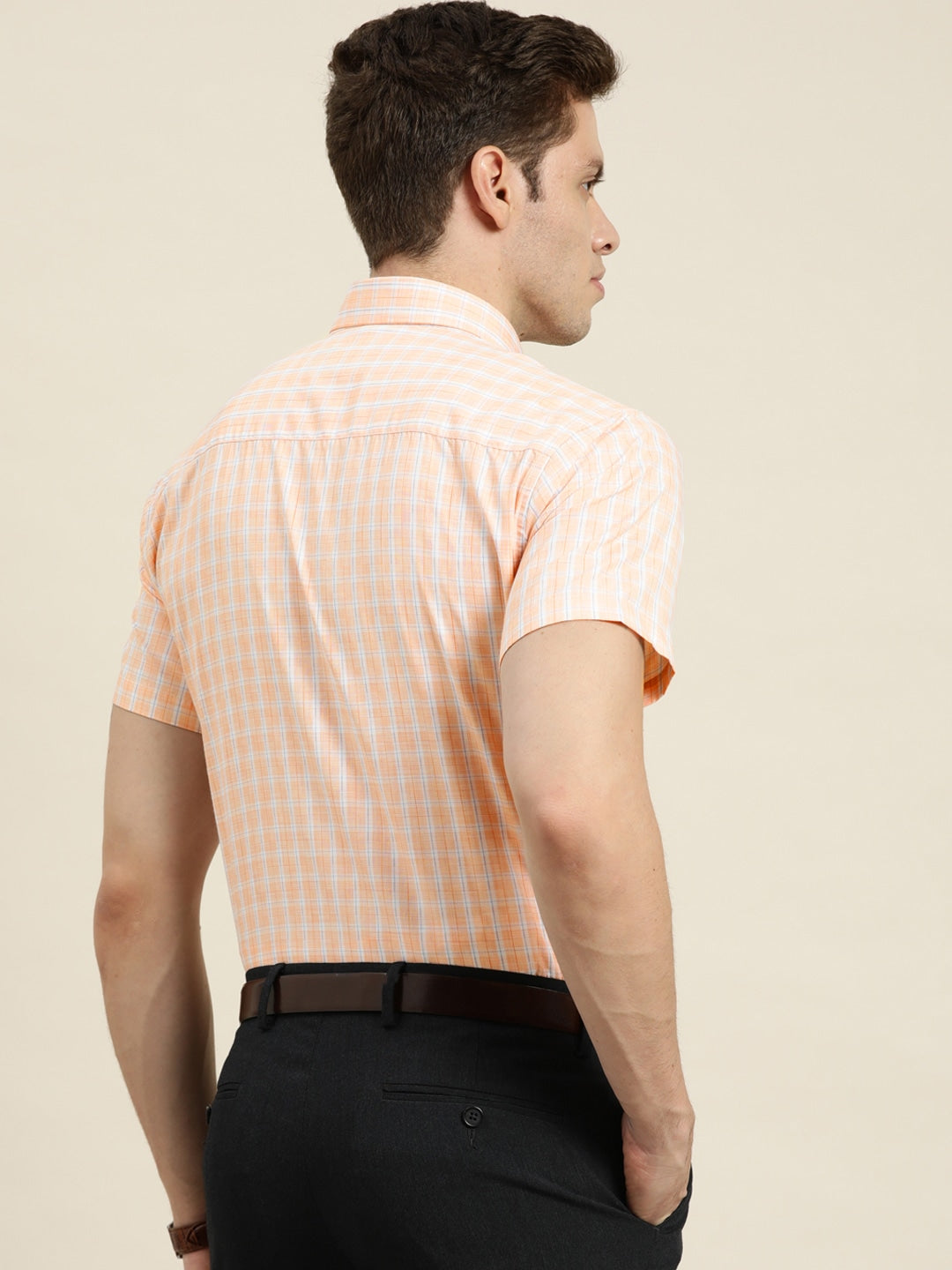 Men Orange Checks Cotton Rich Slim Fit Formal Shirt