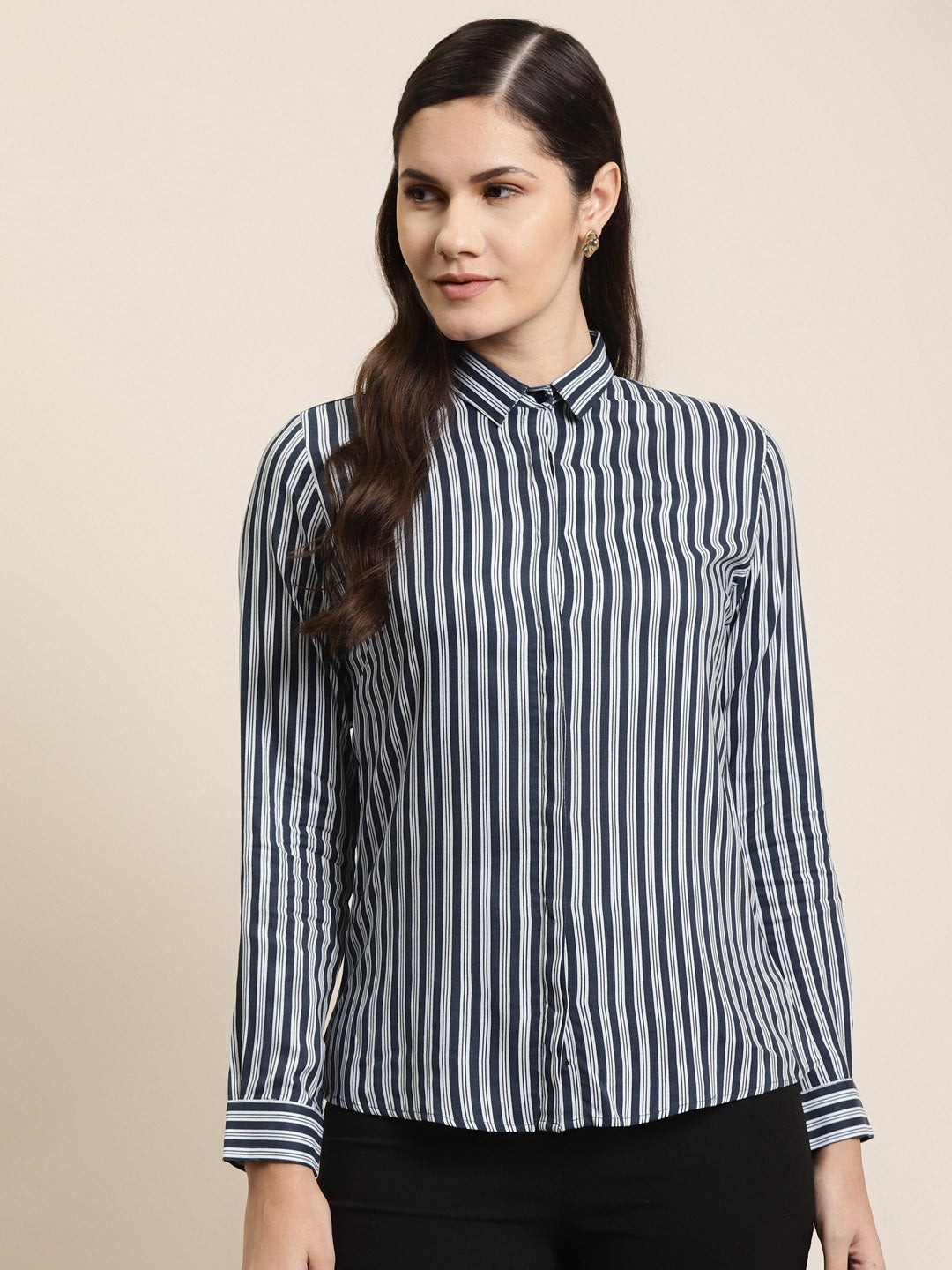 Women Navy & Sky Stripes Pure Cotton Slim Fit Formal Shirt