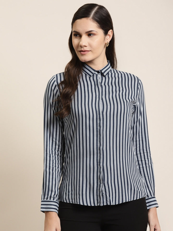 Women Navy & Sky Stripes Pure Cotton Slim Fit Formal Shirt