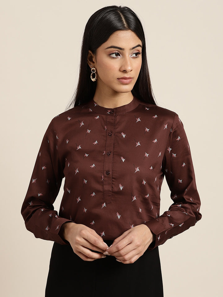 Women Maroon Printed Pure Cotton Slim Fit Formal Top