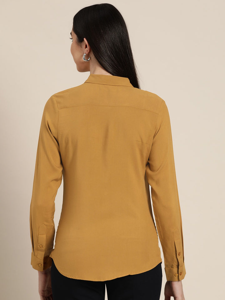 Women Mustard Solids Viscose Rayon Slim Fit Formal Shirt