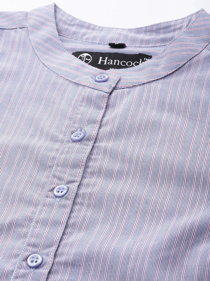 Women Sky Blue Striped Pure Cotton Slim Fit Formal Top
