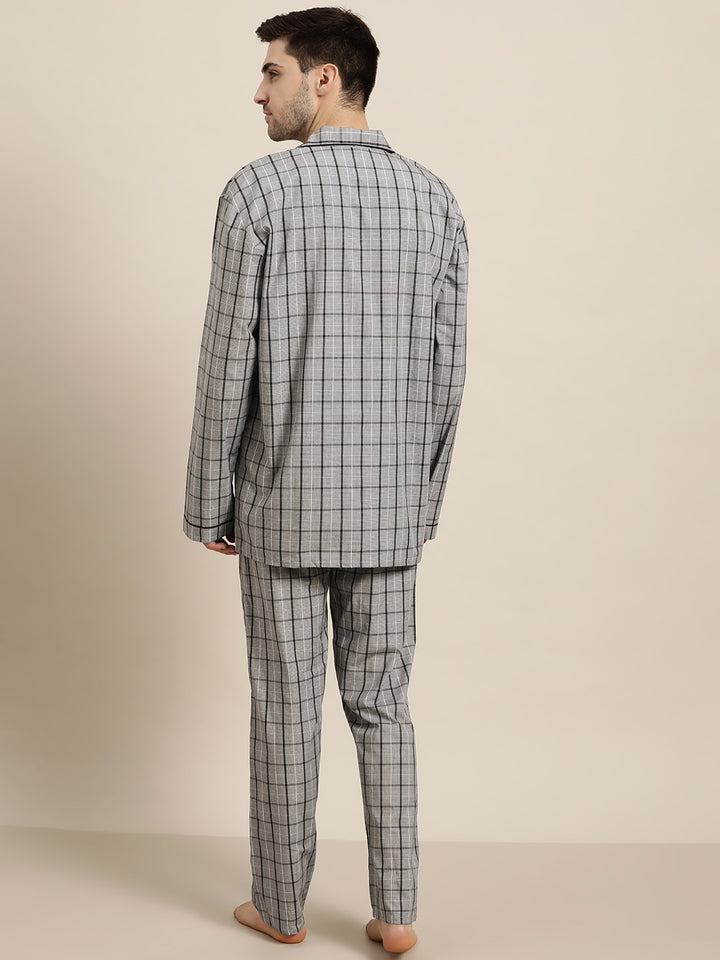 Men Grey Checks Pure Cotton Regular Fit Night Wear Night Suit