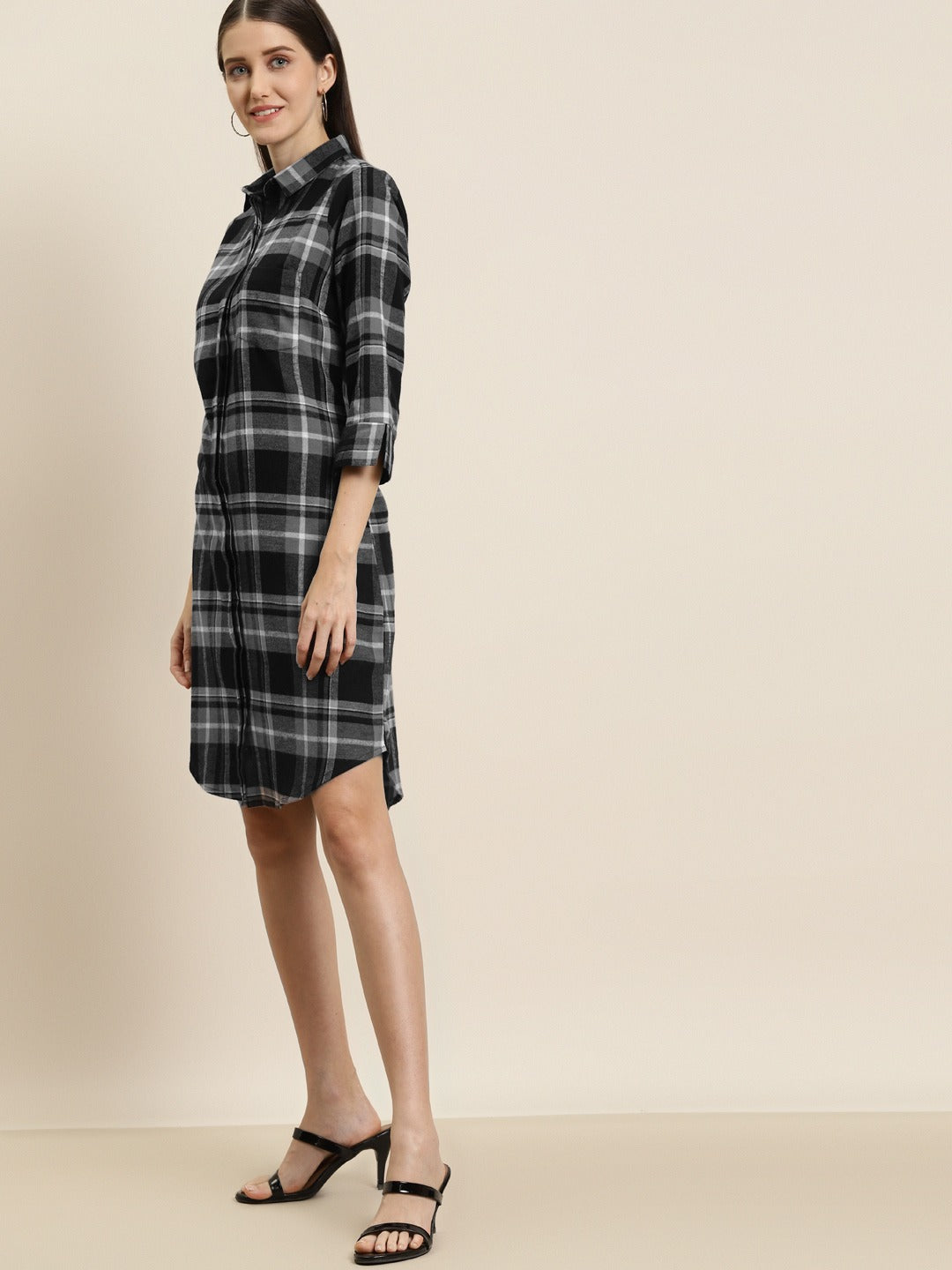 Women Grey & Black Checks Pure Cotton Regular Fit Formal Dress