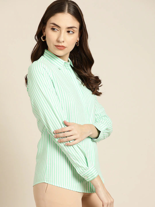 Women Light Green Striped Pure Cotton Slim Fit Formal Shirt