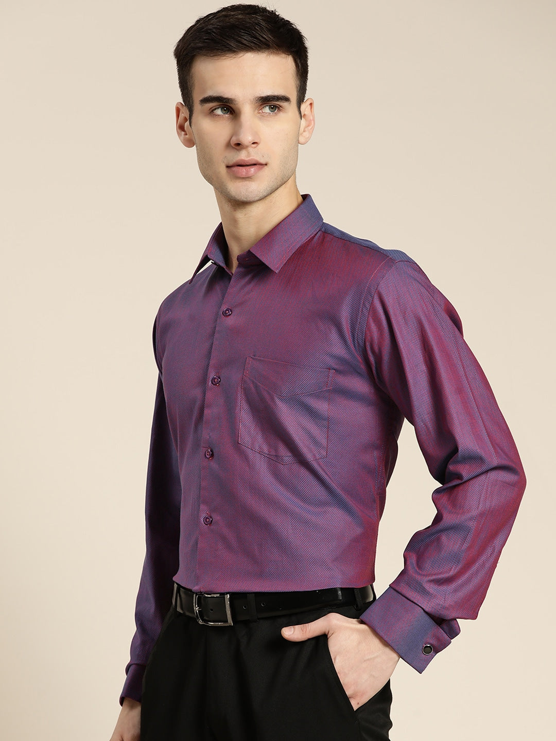 Men Wine Solid Self Design French Cuff Pure Cotton Slim Fit Formal Shirt