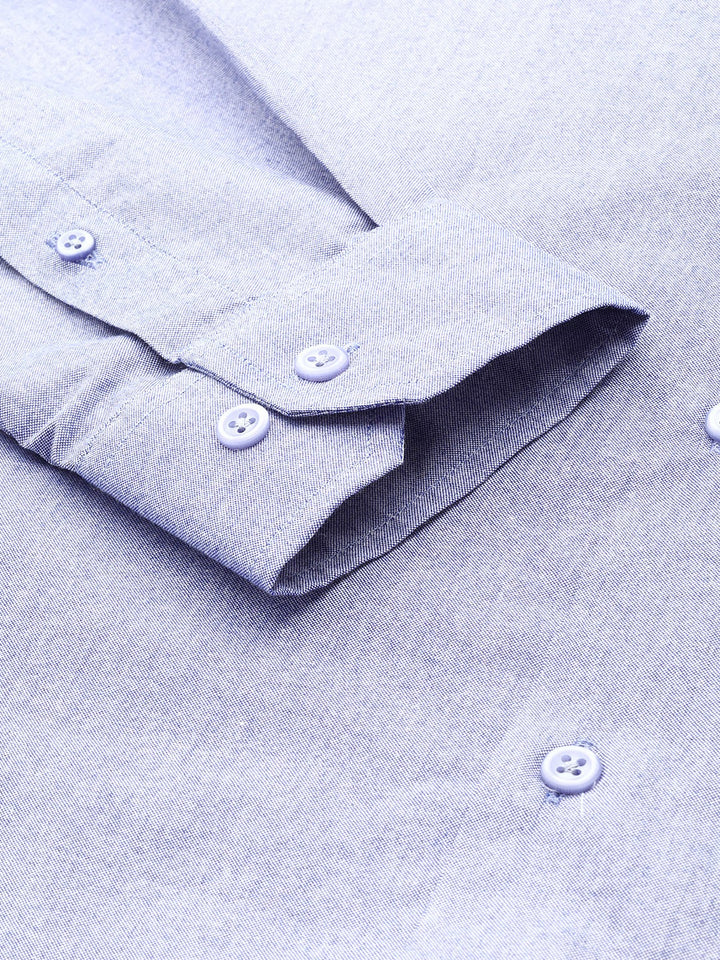Men Blue Solid Chambray Button Down Collar Slim Fit Formal Shirt