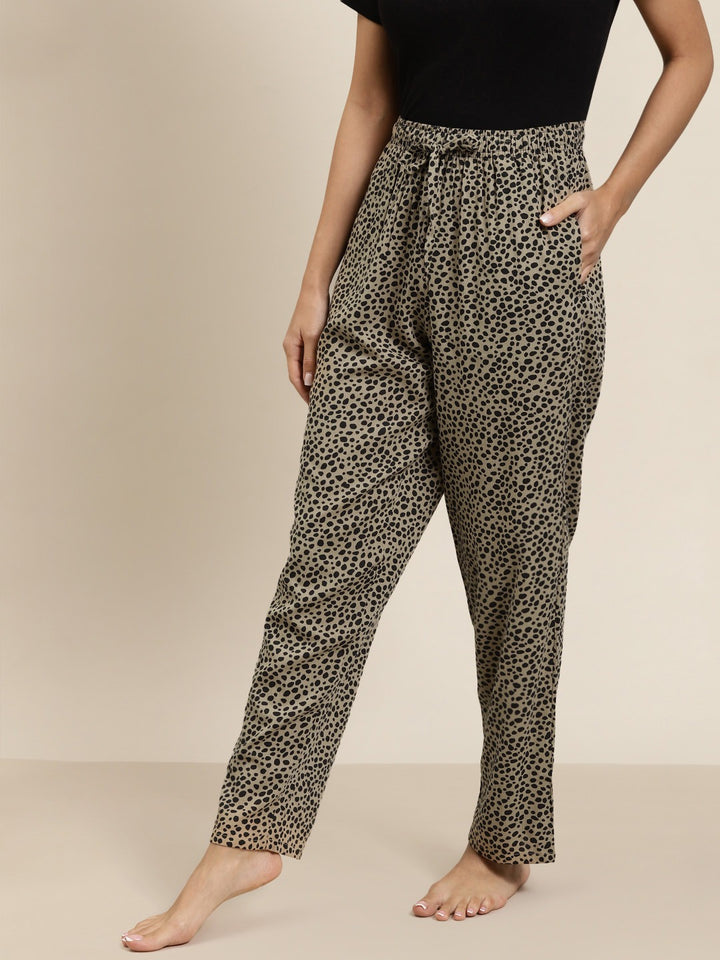 Women Beige-Black Prints Viscose Rayon Relaxed Fit Casual Lounge Pant