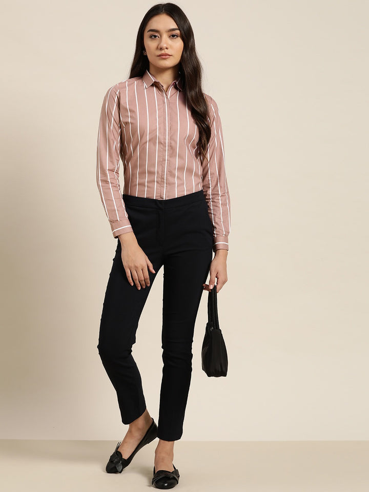 Women Coral Stripes Pure Cotton Slim Fit Formal Shirt