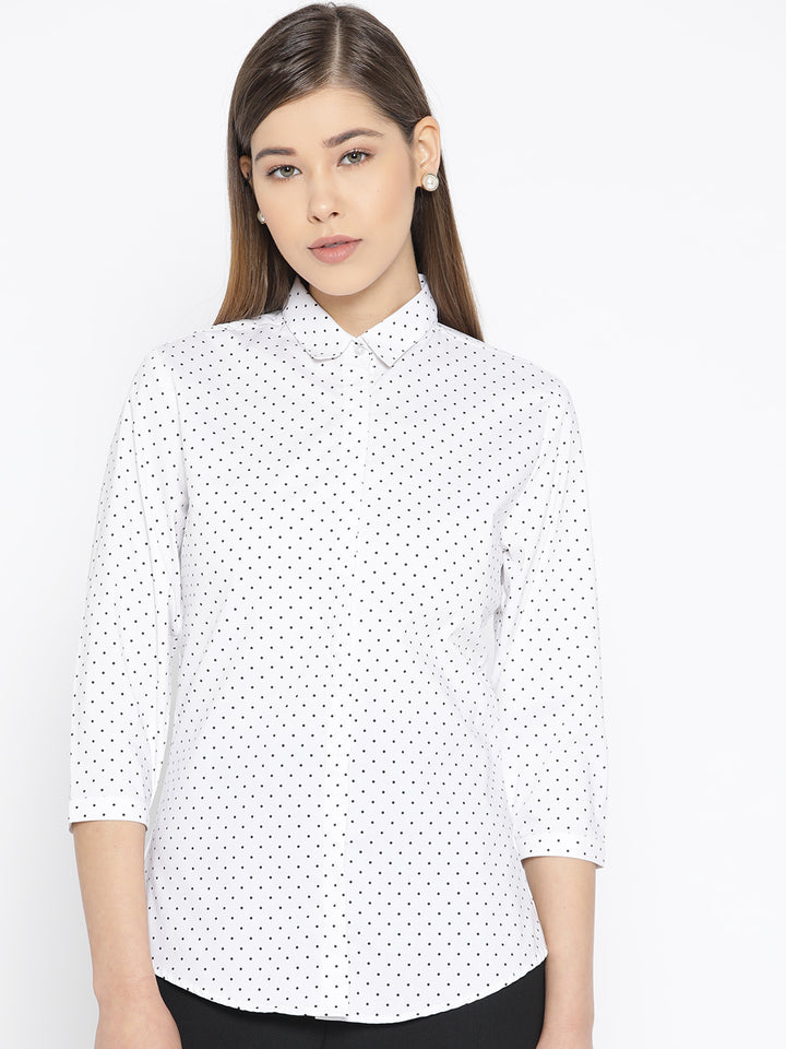 Women White Pure Cotton Polka Dot Printed Slim Fit Formal Shirt