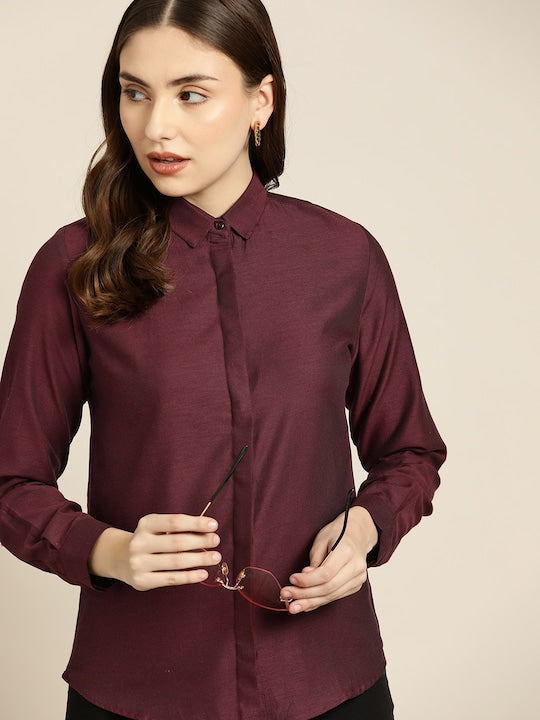 Women Maroon Solid Pure Cotton Slim Fit Formal Shirt