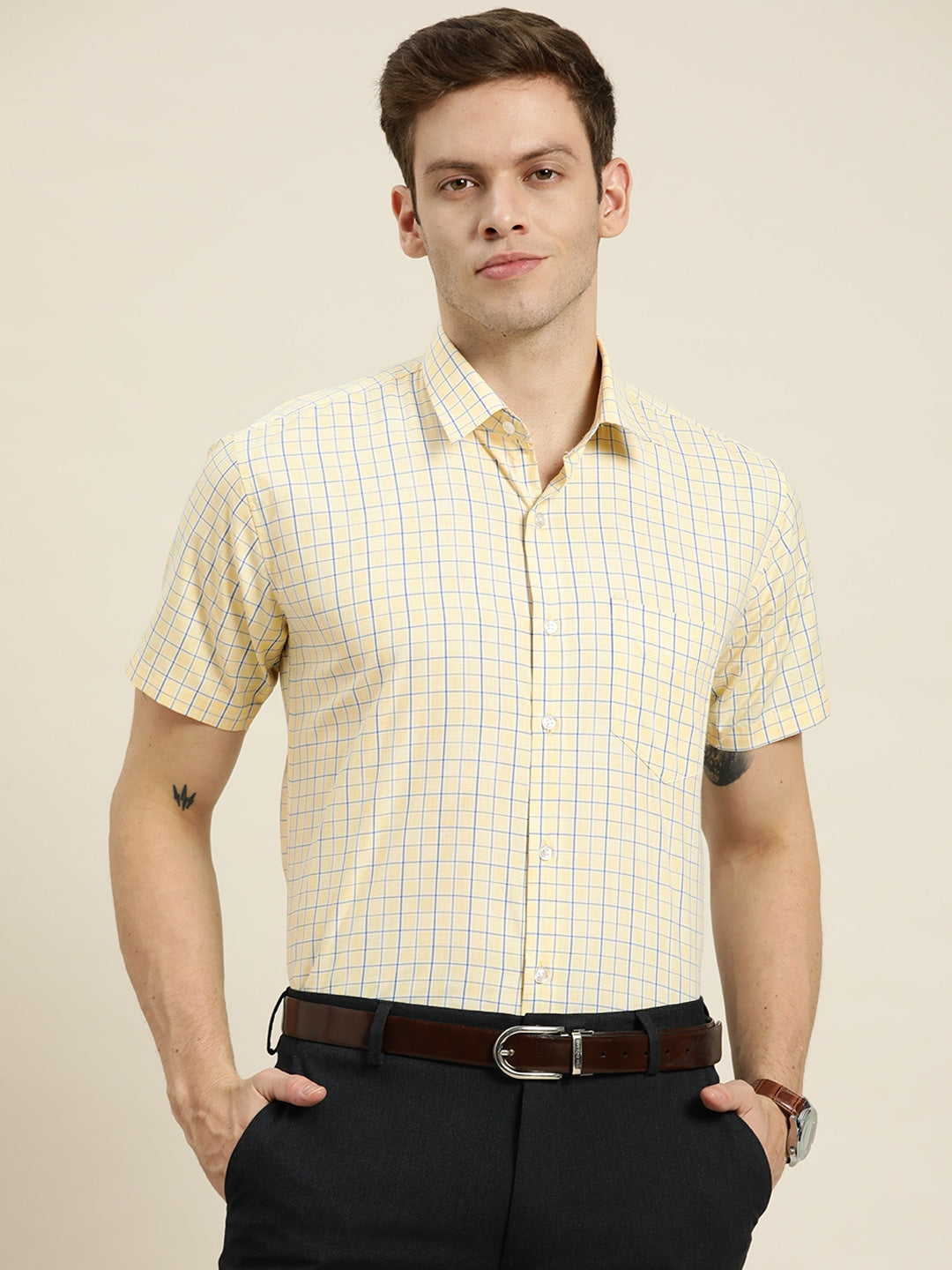 Men Yellow Checks Cotton Rich Slim Fit Formal Shirt