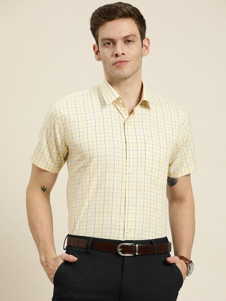 Men Yellow Checks Cotton Rich Slim Fit Formal Shirt
