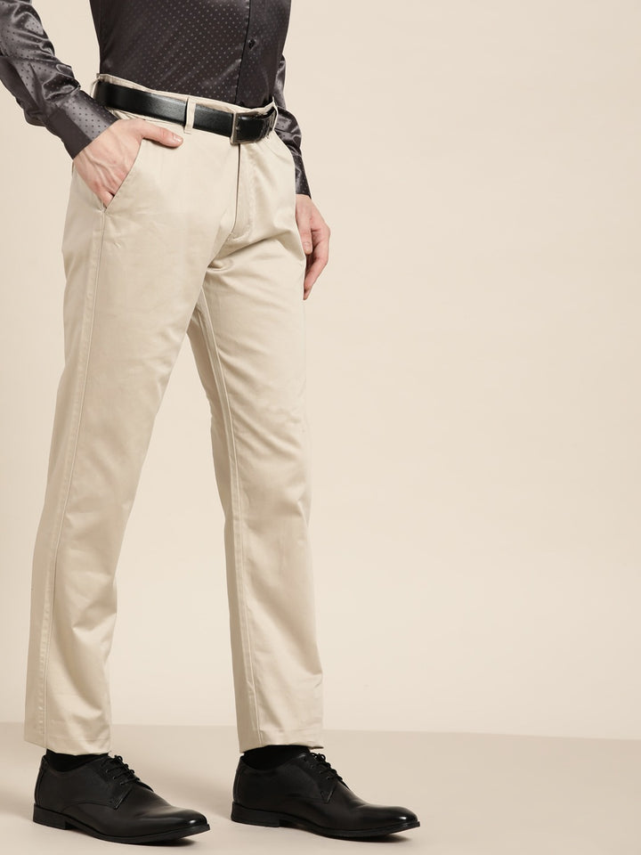 Men Light Beige Solids Pure Cotton Slim Fit Formal Trouser