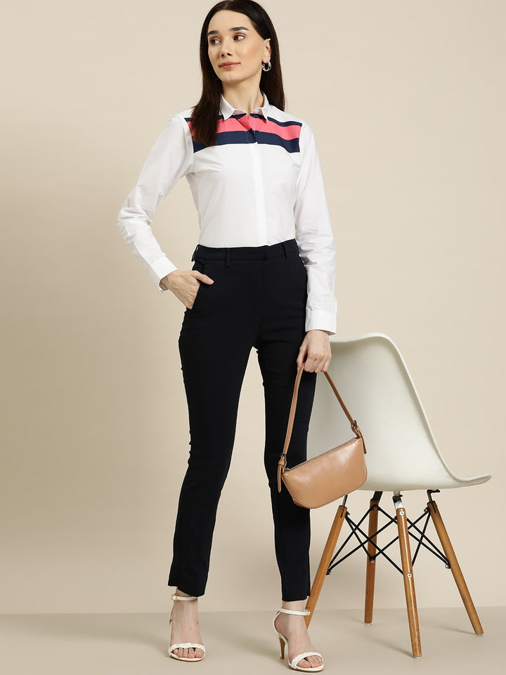 Women White-Navy Solids Pure Cotton Slim Fit Formal Shirt