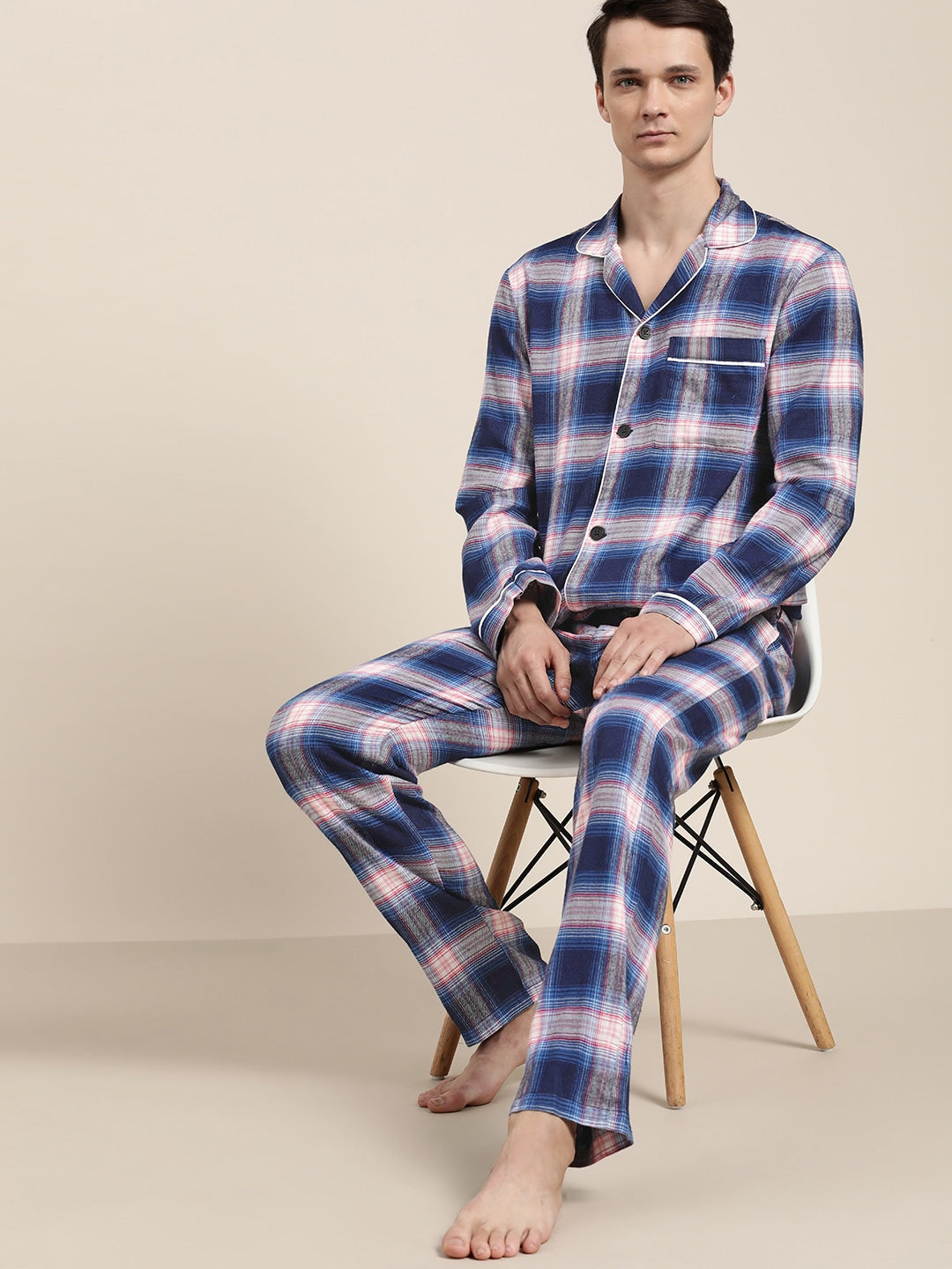 Men Blue Checks Pure Cotton Regular Fit Night Wear Night Suit