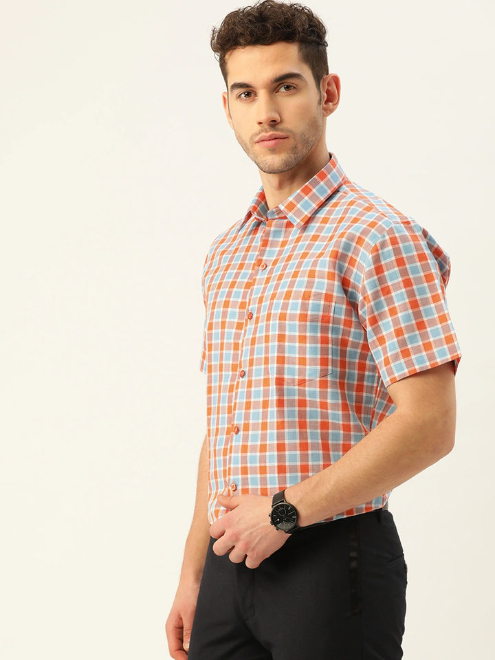 Men Orange & Blue Checks Linen Cotton Slim Fit Formal Shirt