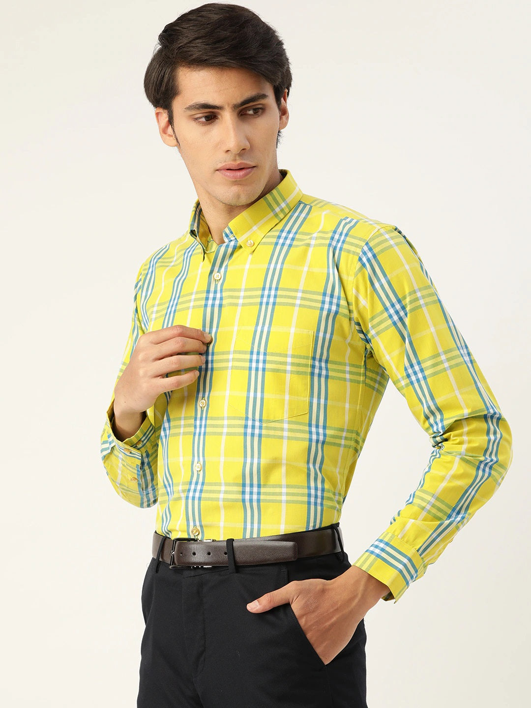 Men Yellow & Blue Checks Pure Cotton Slim Fit Formal Shirt