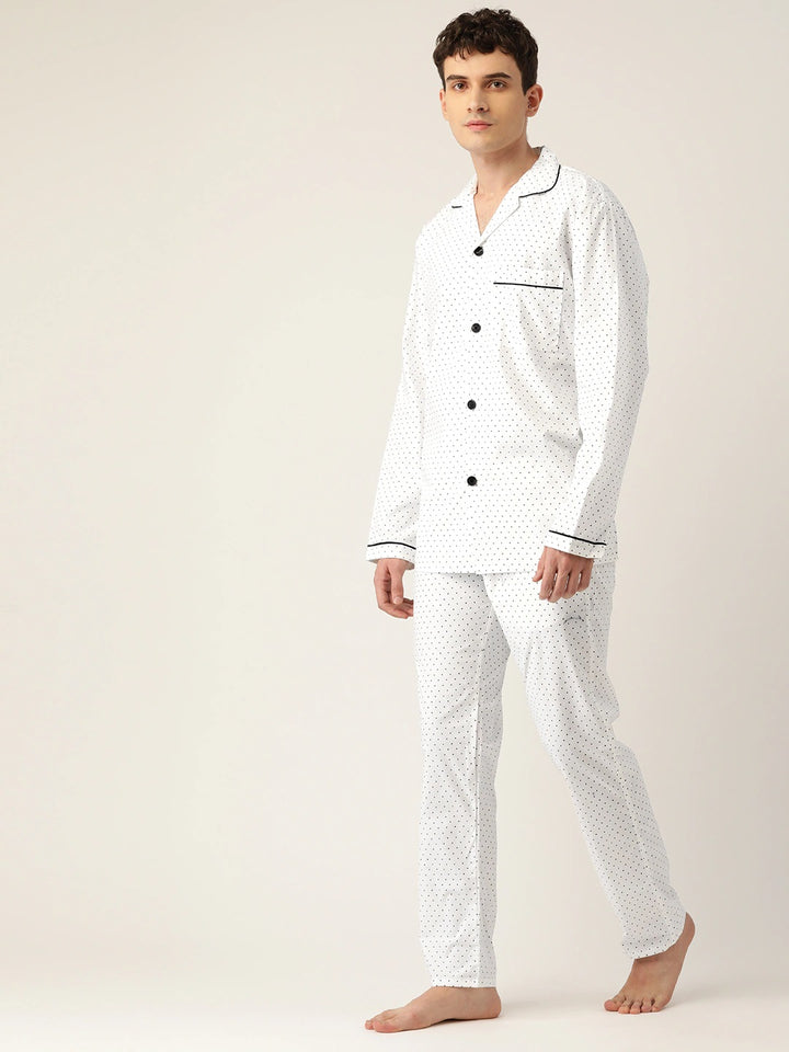 Men White Micro Dot Printed Pure Cotton Regular Fit Night Wear Night Suit
