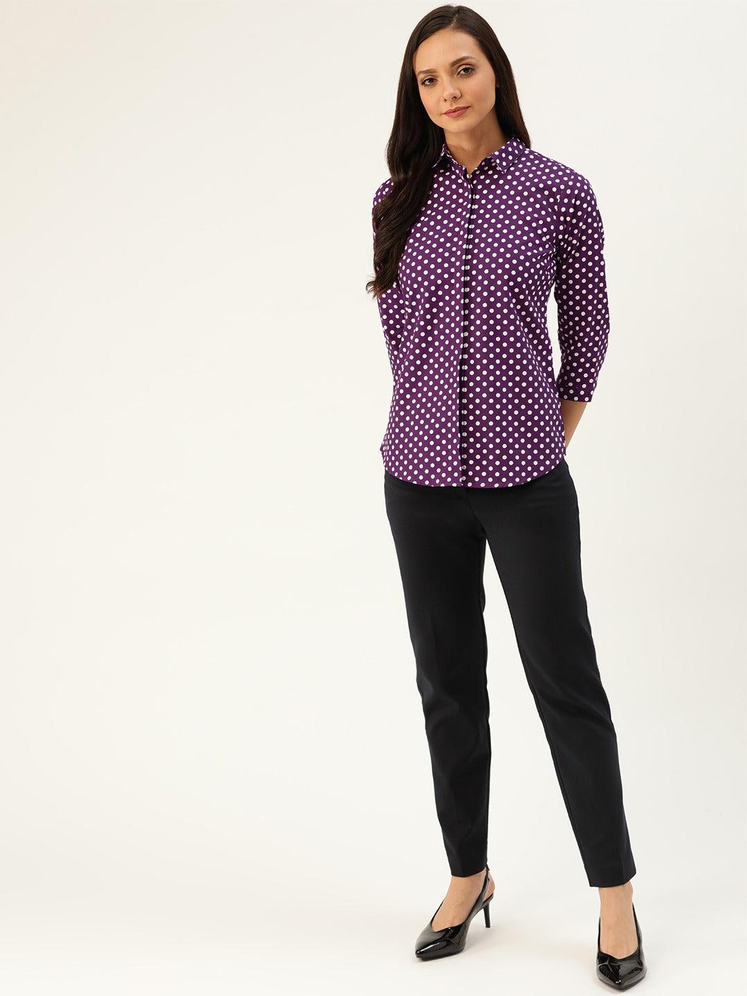 Women Purple & White Prints Pure Cotton Slim Fit Formal Shirt