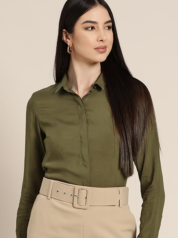 Women Olive Solids Viscose Rayon Slim Fit Formal Shirt