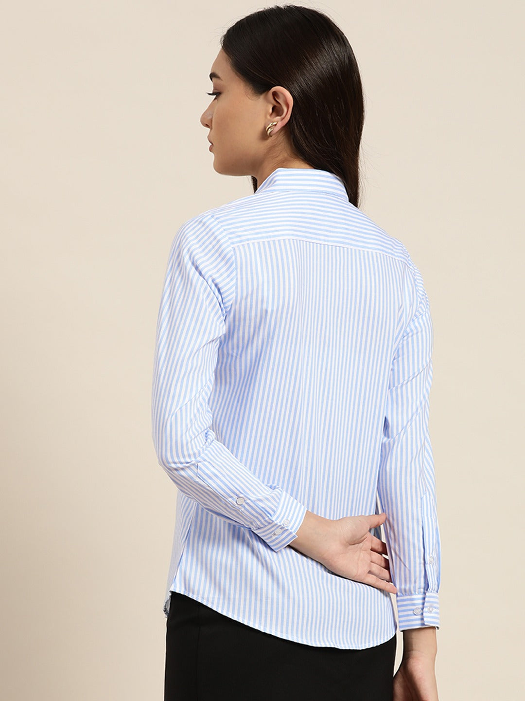 Women Blue & White Stripes Pure Cotton Slim Fit Formal Shirt