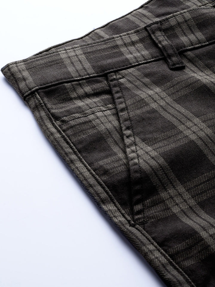 Men Olive Checks Cotton Elastene Slim Fit Formal Trouser
