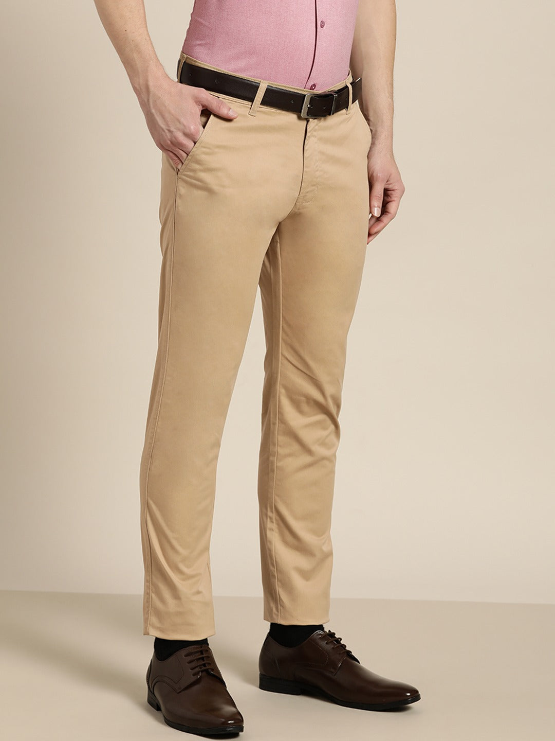 Men Beige Solids Cotton Elastene Slim Fit Formal Trouser