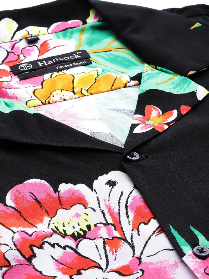 Men Black & Pink Prints Viscose Rayon Relaxed Fit Casual Resort Shirt