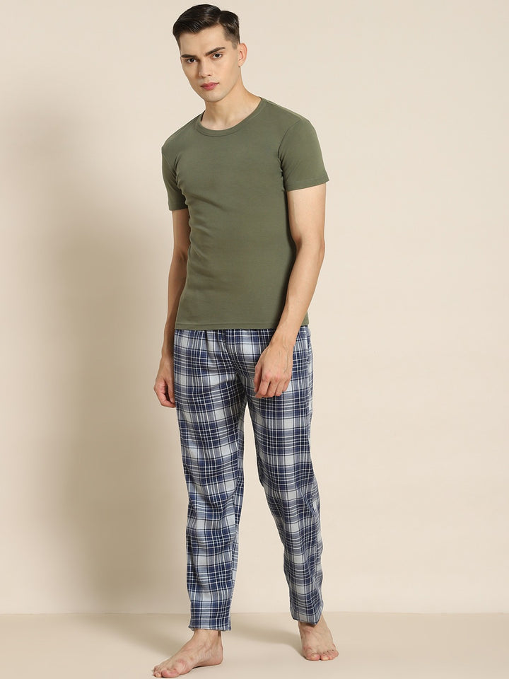 Men Navy Checks Pure Cotton Relaxed Fit Casual Lounge Pant