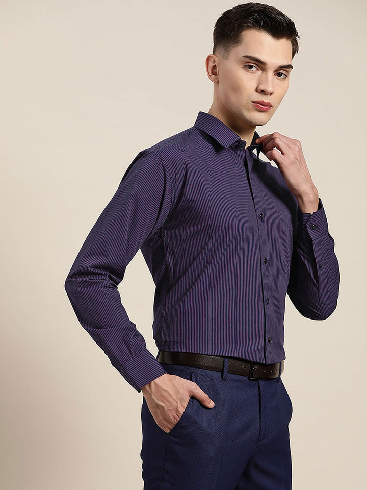 Men Navy Stripes Pure Cotton Slim Fit Formal Shirt