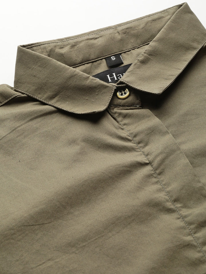 Women New Olive Solids Pure Cotton Slim Fit Formal Shirt