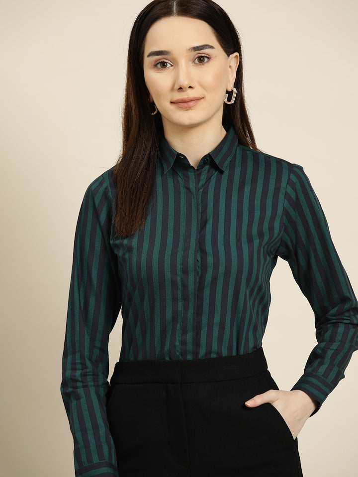Women Navy-Green Stripes Pure Cotton Slim Fit Formal Shirt