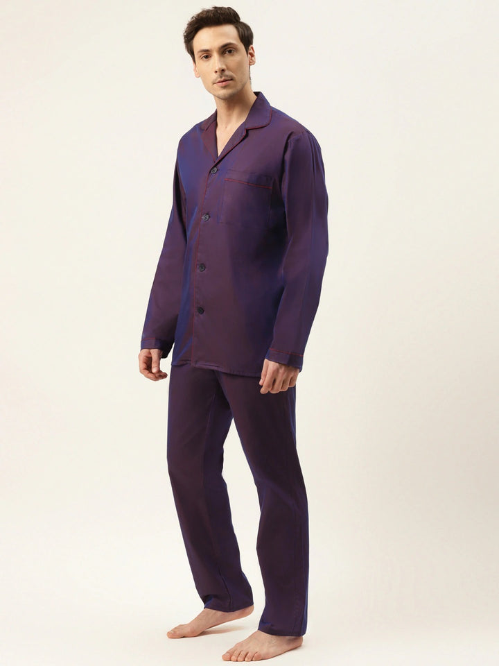 Men Wine Solids Pure Cotton Regular Fit Night Wear Night Suit