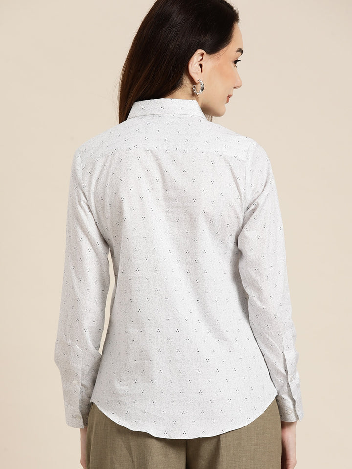 Women White & Grey Printed Pure Cotton Slim Fit Formal Shirt