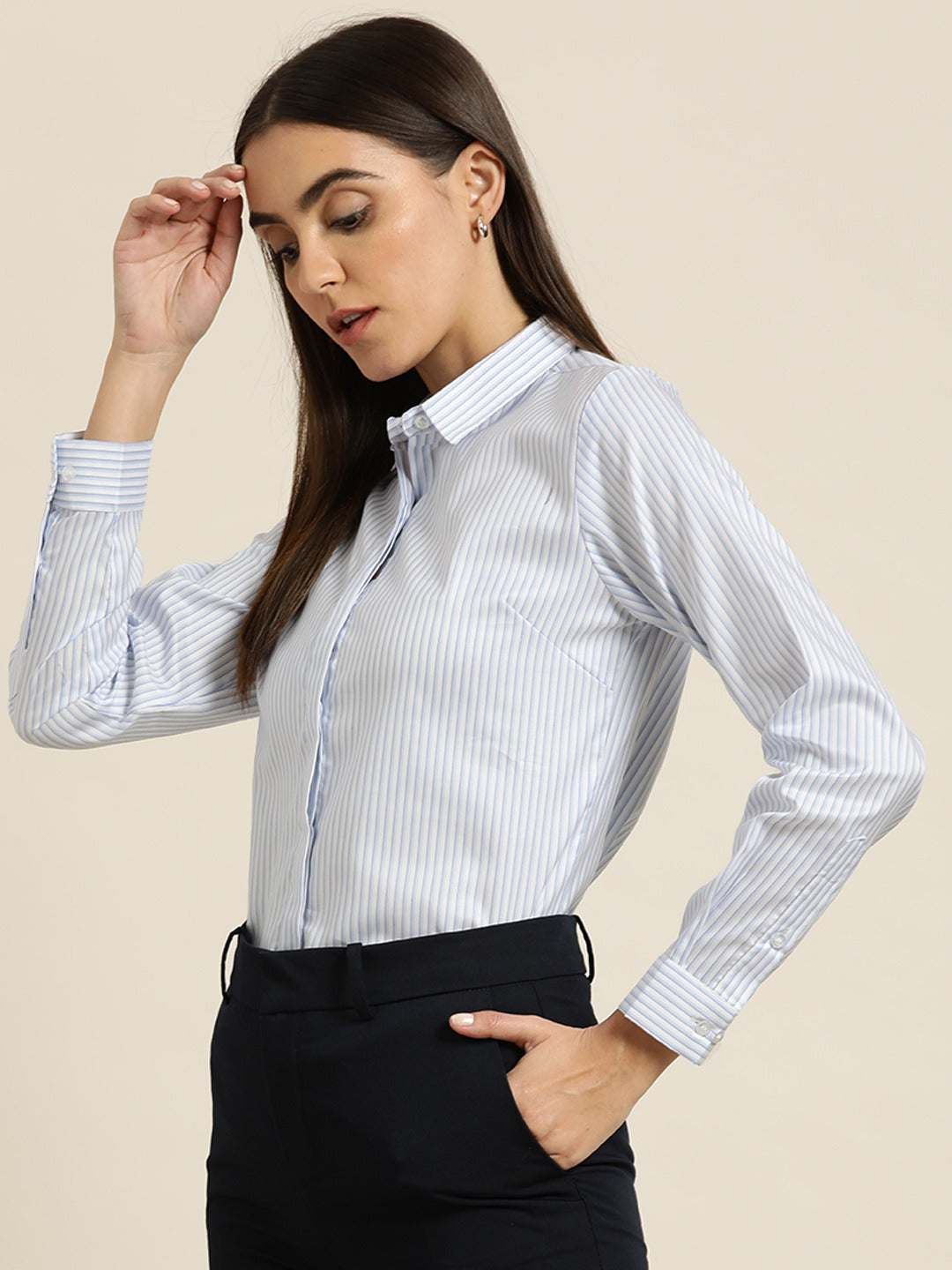 Women White & Blue Striped Cotton Slim Fit Formal Shirt