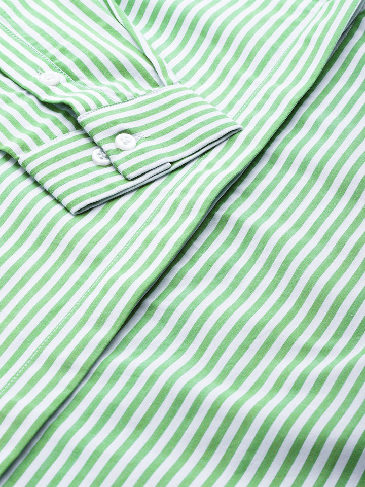Women White & Green Candy Striped Cotton Slim Fit Formal Shirt