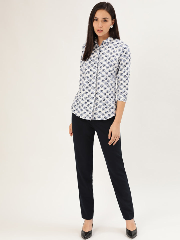 Women White & Blue Prints Pure Cotton Slim Fit Formal Shirt