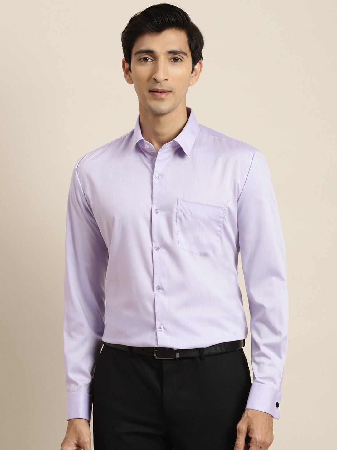 Men Lavender Self Design Premium Pure Cotton French Cuff Slim Fit Formal Shirt