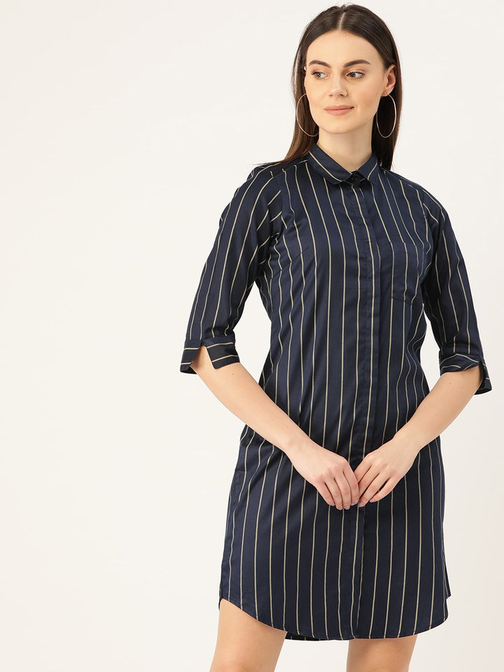 Women Navy Stripes Pure Cotton Regular Fit Formal Dress