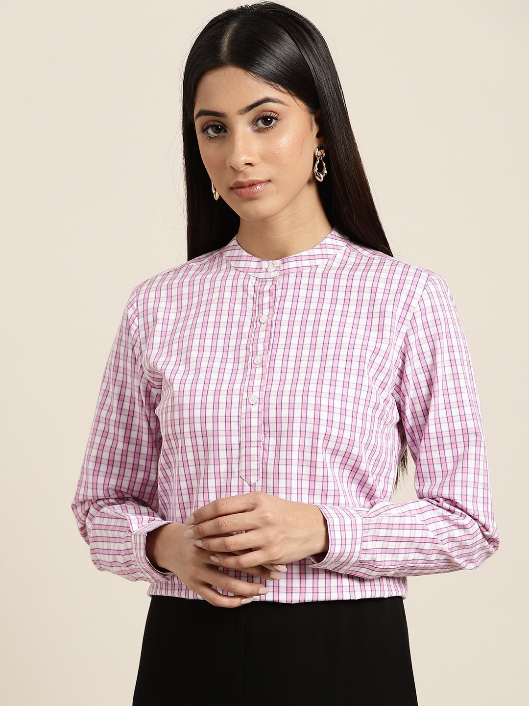 Women White & Pink Checked Pure Cotton Slim Fit Formal Top