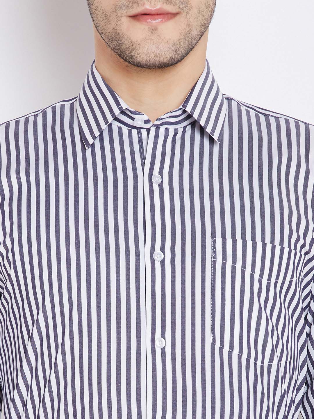 Men Grey & White Pure Cotton Striped Regular Fit Formal Shirt