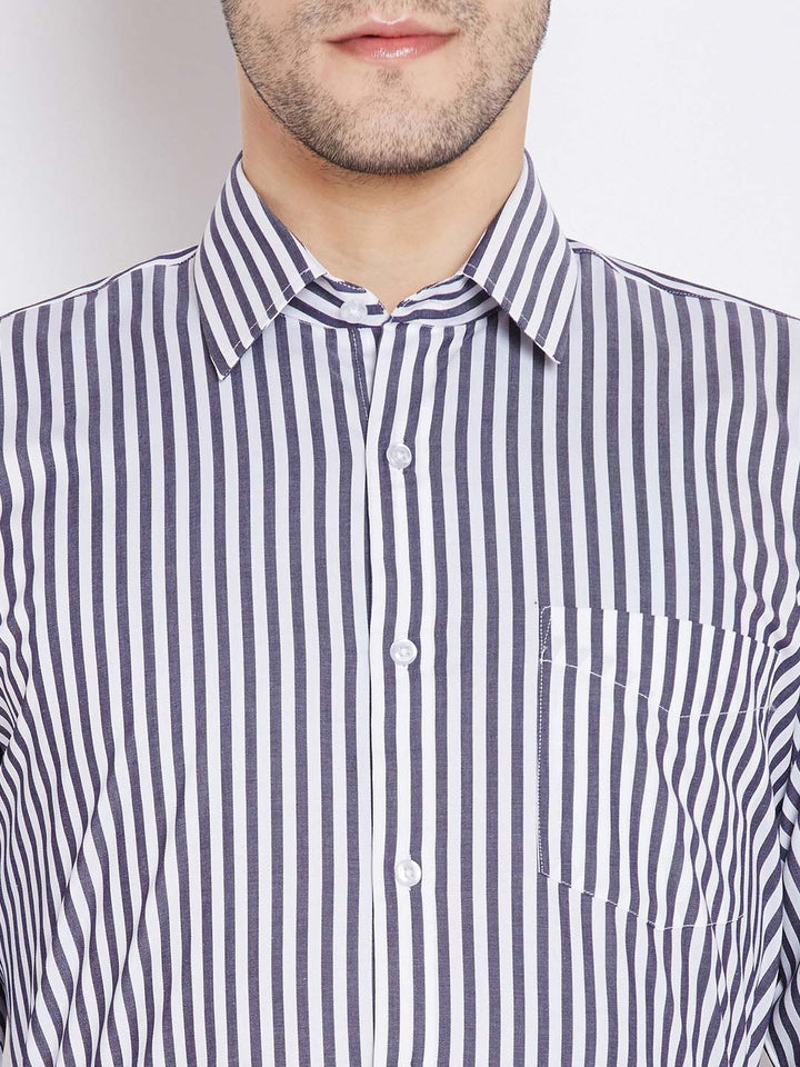 Men Grey & White Pure Cotton Striped Regular Fit Formal Shirt