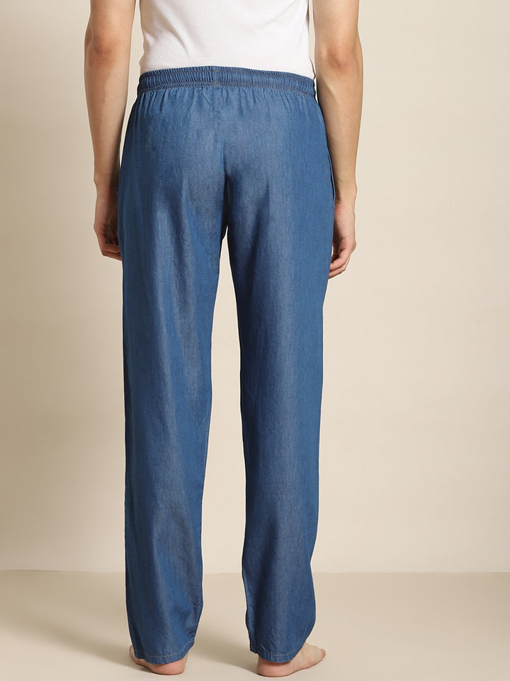 Men Blue Solid Denim Pure Cotton Relaxed Fit Casual Lounge Pant
