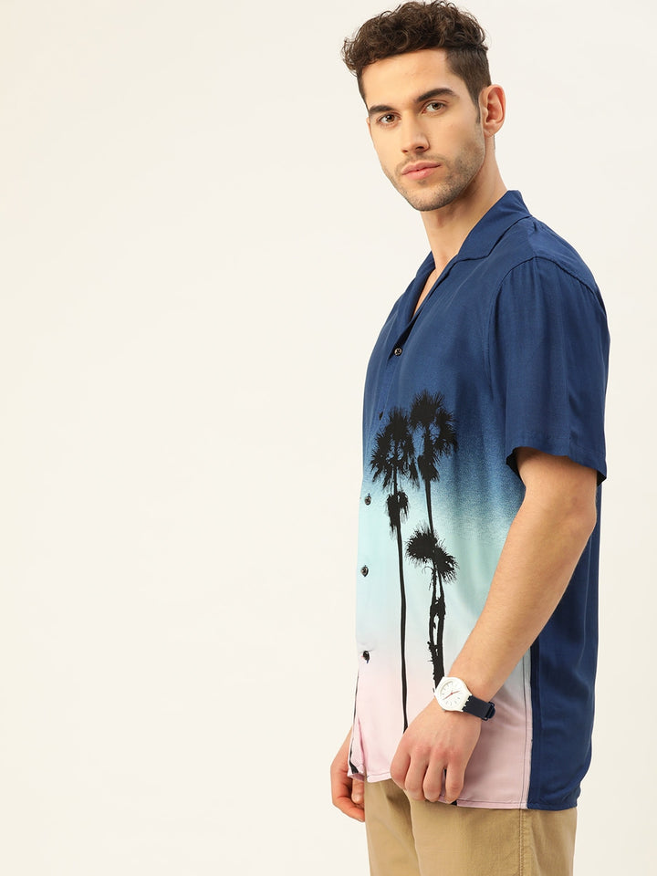 Men Navy & Pink Printed Viscose Rayon Relaxed Fit Casual Resort Shirt