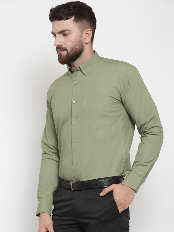 Men Light Green Pure Cotton Solid Slim Fit Formal Shirt