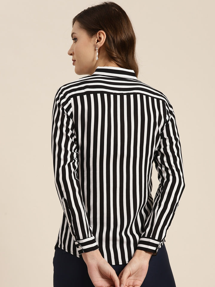 Women Black & White Stripes Viscose Rayon Slim Fit Formal Shirt